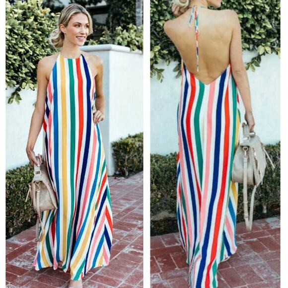 No brand Dresses & Skirts - Backless Striped Halter Maxi Dress Tie-Neck Sleeveless Colorful Striped Size S